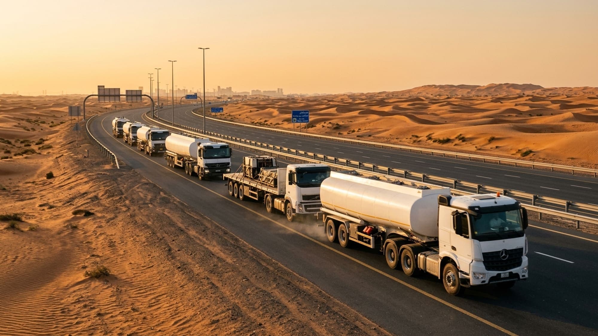 Transport trucks on a UAE desert highway at golden hour